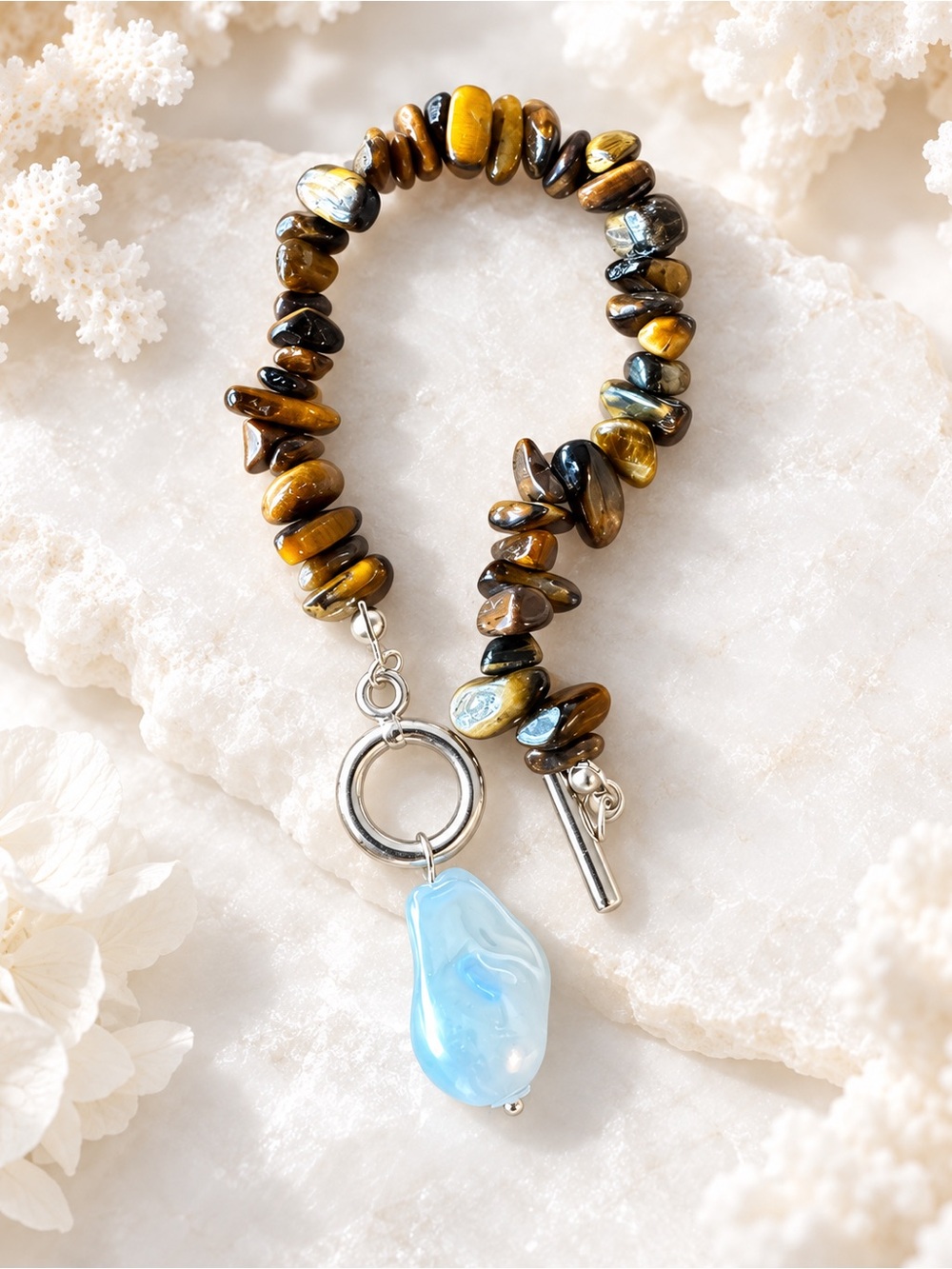 Handcrafted Tiger Eye Beaded Bracelet with Blue Glass Pendant